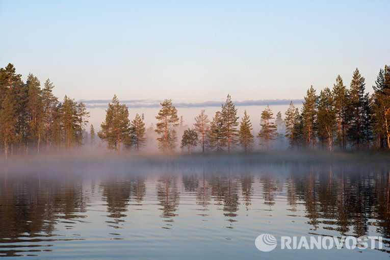 Туманное утро на лесном озере в Республике Карелия Туманное утро на лесном озере в Республике Карелия