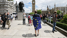 Мужчина с флагом ЕС на Парламентской площади Лондона, Великобритания. 25 июня 2016 Мужчина с флагом ЕС на Парламентской площади Лондона, Великобритания. 25 июня 2016