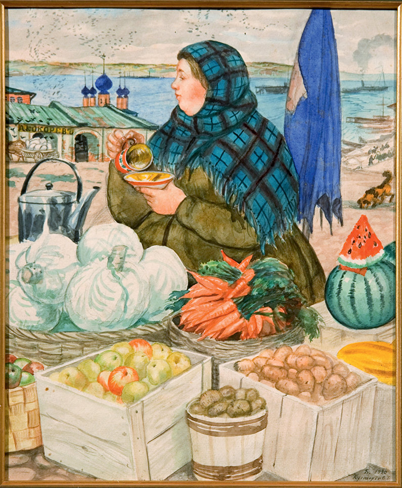 Торговка овощами, 1920. Серия акварелей. Воспроизведена в альбоме Русь. Русские типы Б.М. Кустодиева. Петроград, изд. Аквилон, 1923. Бумага, акварель, графитный карандаш. НИМ РАХ. Музей-квартира И.И. Бродского Торговка овощами, 1920. Серия акварелей. Воспроизведена в альбоме Русь. Русские типы Б.М. Кустодиева. Петроград, изд. Аквилон, 1923. Бумага, акварель, графитный карандаш. НИМ РАХ. Музей-квартира И.И. Бродского