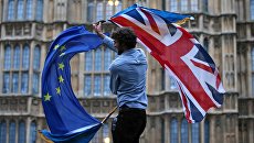 Участник протеста против Brexit возле здания парламента в Лондоне Участник протеста против Brexit возле здания парламента в Лондоне